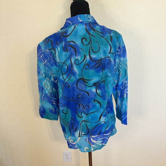 Womens Sheer Button Up Blouse Blue Green Swirl Design 3/4 Sleeves Bonworth - Picture 3 of 6